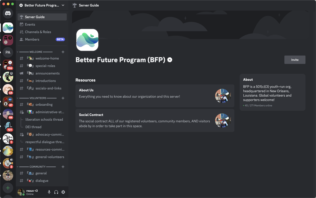 Screenshot of the Better Future Program Discord server via the desktop app. BFP's server guide can be seen as well as just some of the many channels the server offers, all separated into different overarching categories. Under 